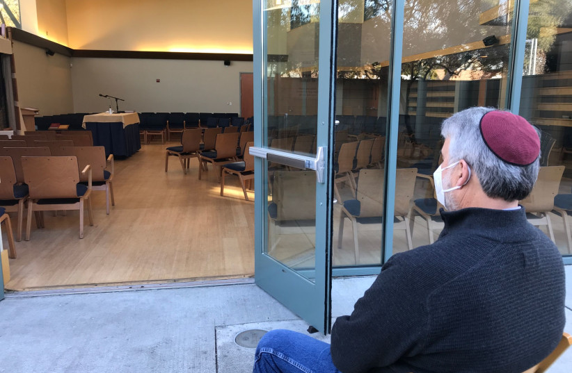  At Congregation Netivot Shalom in Berkeley, California, congregants can sit inside the sanctuary, in an adjacent outdoor space, or attend virtually on Zoom.  (credit: Courtesy of Netivot Shalom)
