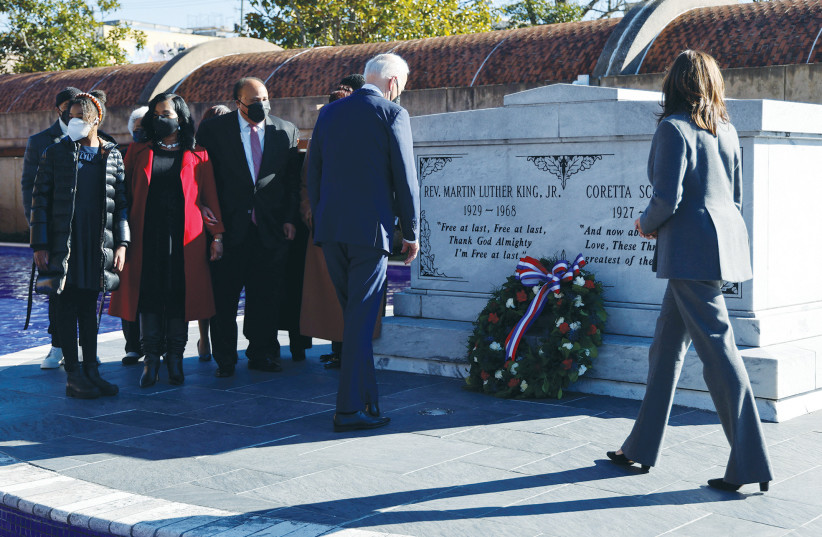  US PRESIDENT Joe Biden and Vice President Kamala Harris pay their respects this past Tuesday at the crypt of Dr. Martin Luther King Jr. and Coretta Scott King, at the Martin Luther King Jr. Center for Nonviolent Social Change in Atlanta.  (photo credit: JONATHAN ERNST/REUTERS)