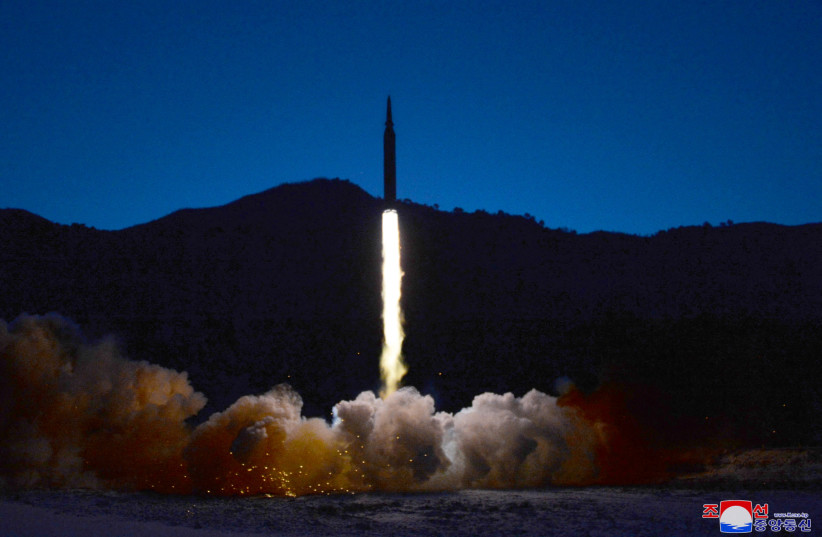 A missile is launched during what state media report is a hypersonic missile test at an undisclosed location in North Korea, January 11, 2022, in this photo released January 12, 2022 by North Korea's Korean Central News Agency (KCNA). (credit: KCNA VIA REUTERS/FILE PHOTO)