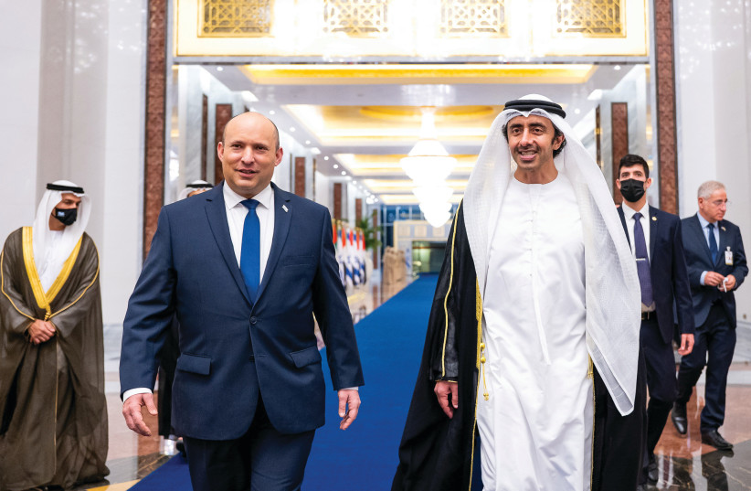  PRIME MINISTER Naftali Bennett is welcomed by UAE Foreign Minister Sheikh Abdullah bin Zayed Al Nahyan in Abu Dhabi last month. (photo credit: UAE Minister of Foreign Affairs and International Cooperation/Reuters)