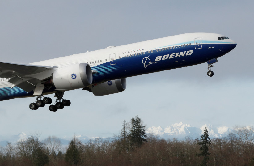  A Boeing 777X airplane takes off during its first test flight from the company's plant in Everett, Washington, US January 25, 2020. (photo credit: REUTERS/TERRAY SYLVESTER)