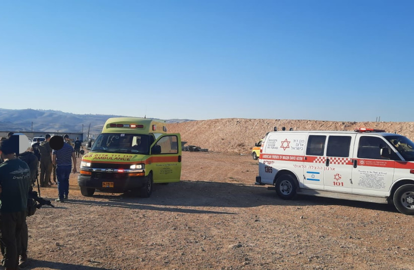 MDA ambulances at Nachshon Base after two IDF soldiers were injured in a training explosion on January 18, 2022 (photo credit: RESCUERS WITHOUT BORDERS)
