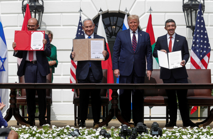  Signing of the Abraham Accords at the White House in May 2020. (photo credit: REUTERS/TOM BRENNER)