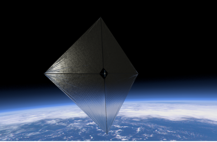  An illustration of a completely unfurled solar sail measuring approximately 9 meters (about 30 feet) per side. Since solar radiation pressure is small, the solar sail must be large to efficiently generate thrust. (credit: NASA)