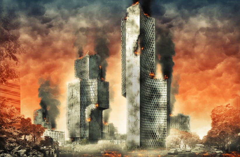  A city is seen burning in an artistic imagining of a man-made apocalypse. With the Doomsday Clock at 100 seconds to midnight, could this happen soon? (photo credit: PIXABAY)