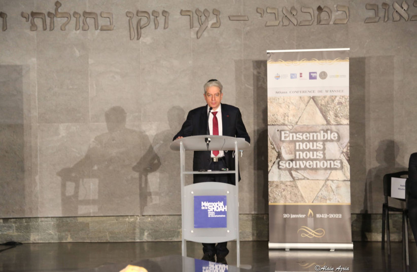 Rabbi Moshe Levin at the Yizkor tent at Paris' Holocaust Museum, commemorating 80 years since the infamous Wannsee conference (credit: Alan Azaria)