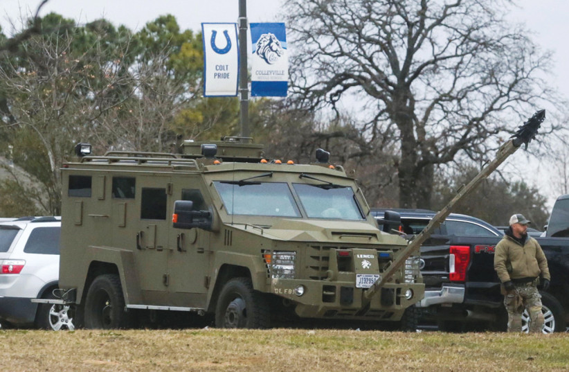  AN ARMORED law enforcement vehicle is on the scene near Congregation Beth El in Colleyville, Texas, on January 15, as a gunman held hostages inside. (photo credit: Shelby Tauber/Reuters)