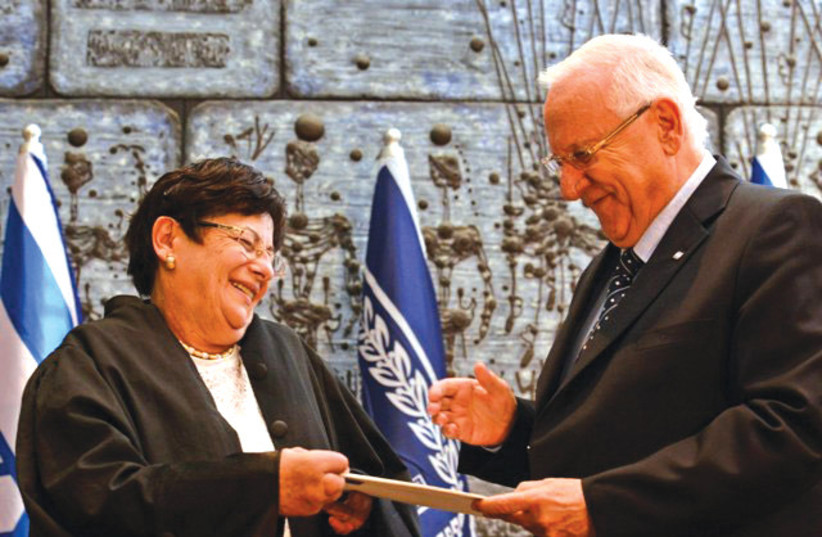  MIRIAM NAOR in January 2015, when receiving her appointment as president of the Supreme Court from then-president of the state Reuven Rivlin.  (photo credit: KOBI GIDEON/GPO)