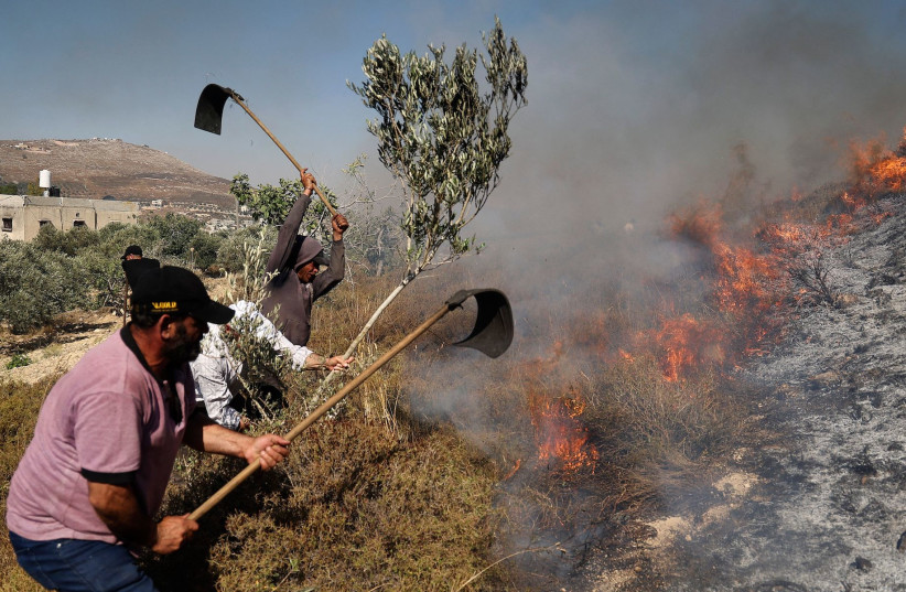  Palestinians extinguish a fire in a field around the village of Burin, south of Nablus in the occupied West Bank, after Israeli settlers from the settlement of Yitzhar set it ablaze, according to eyewitnesses from the village council, Jun. 29, 2021.  (photo credit: JAAFAR ASHTIYEH / AFP)