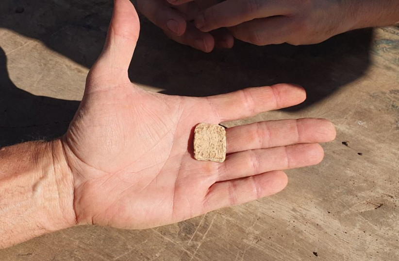  Ancient Hebrew amulet discovered at Joshua's altar in Samaria. (photo credit: ROI HADI)