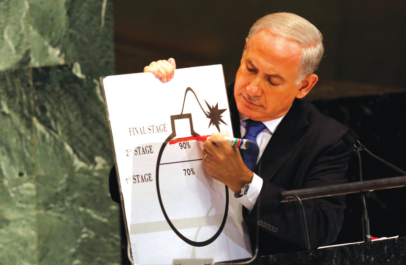  ADDRESSING THE UN General Assembly in 2012, then-prime minister Benjamin Netanyahu draws a red line on an illustration depicting Iran’s ability to create a nuclear weapon. (credit: KEITH BEDFORD/REUTERS)