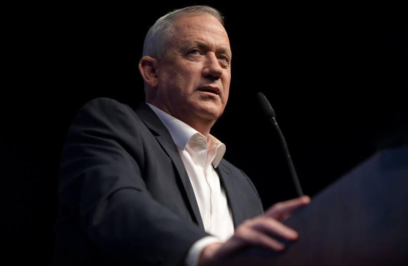  Benny Gantz, head of Blue and White party speaks at an  election campaign event ahead of the coming Israeli elections, in Ramat Gan on Feb 25, 2020. (photo credit: GILI YAARI/FLASH90)