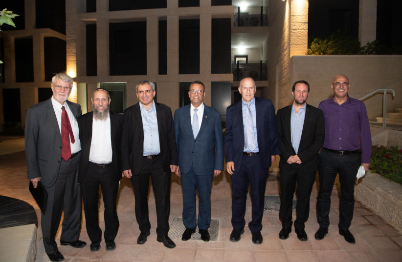 Prof. Chaim Sukenik, President of JCT; Rabbi Yosef Zvi Rimon, Rabbinic Head; Minister Ze'ev Elkin; Moshe Lion, Mayor of Jerusalem and Stuart Hershkowitz (credit: AVI HAYUN)