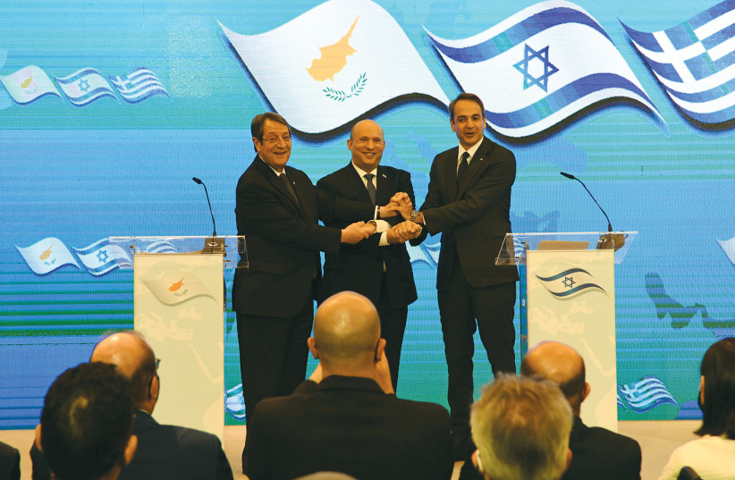 PRIME MINISTER Naftali Bennett, Greek Prime Minister Kyriakos Mitsotakis and Cypriot President Nicos Anastasiades hold a trilateral summit in Jerusalem last month. (credit: Raif Kotz/Reuters)