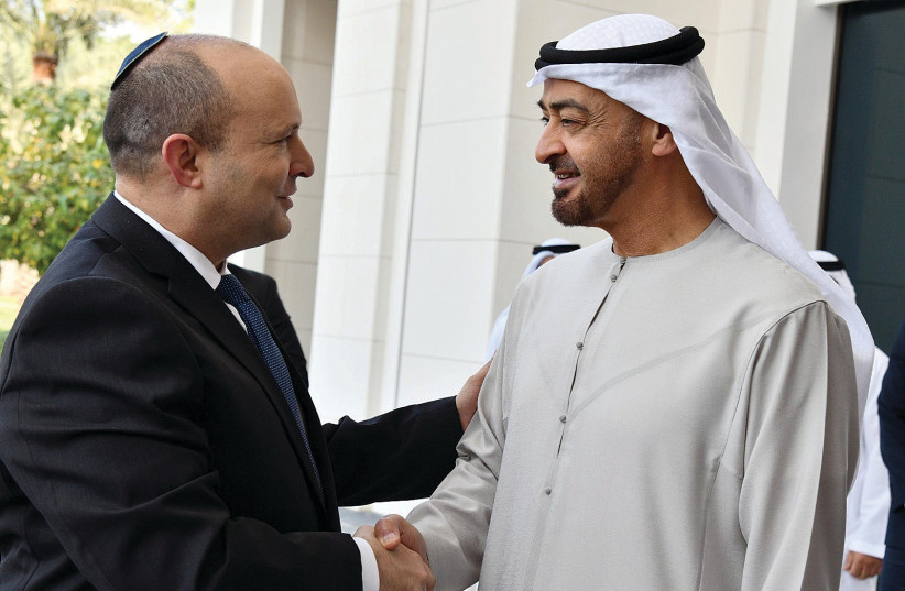  BENNETT IS received by Abu Dhabi Crown Prince Sheikh Mohammed bin Zayed in Abu Dhabi, last month. (credit: HAIM ZACH/GPO)