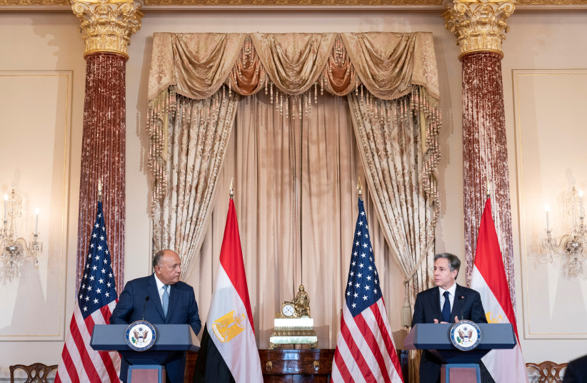  Secretary of State Antony Blinken, right, speaks during a US-Egypt strategic dialogue with Egyptian Foreign Minister Sameh Shoukry at the State Department, Monday, Nov. 8, 2021 (photo credit: VIA REUTERS)
