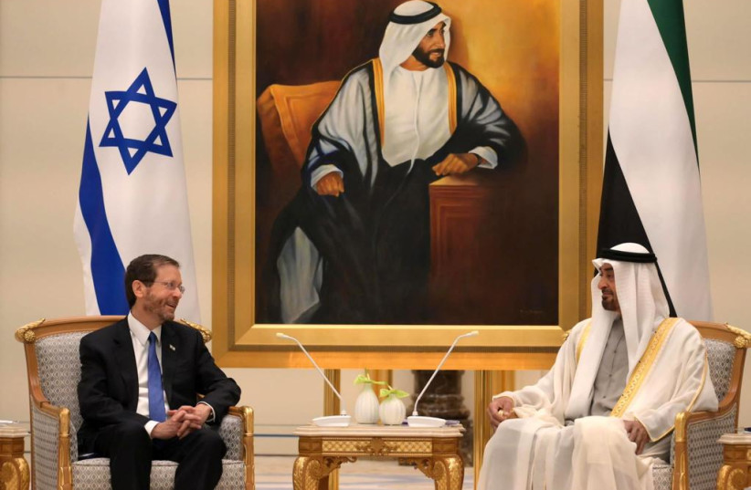   Israeli President Isaac Herzog with Crown Prince of Abu Dhabi, Sheikh Mohammed bin Zayed Al Nahyan. (photo credit: AMOS BEN GERSHOM/GPO)