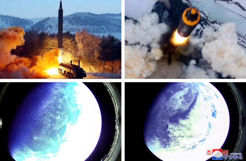  A combination image shows what appears to be a Hwasong-12 "intermediate and long-range ballistic missile" test, along with pictures reportedly taken from outer space with a camera at the warhead of the missle, in this image released on January 31, 2022. (photo credit: KCNA VIA REUTERS)