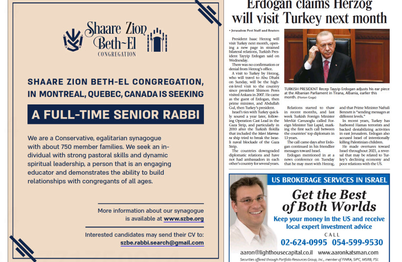  A synagogue in Montreal took the unusual step of placing an ad in the Jerusalem Post for its next rabbi, Jan. 28, 2022.  (credit: screenshot)