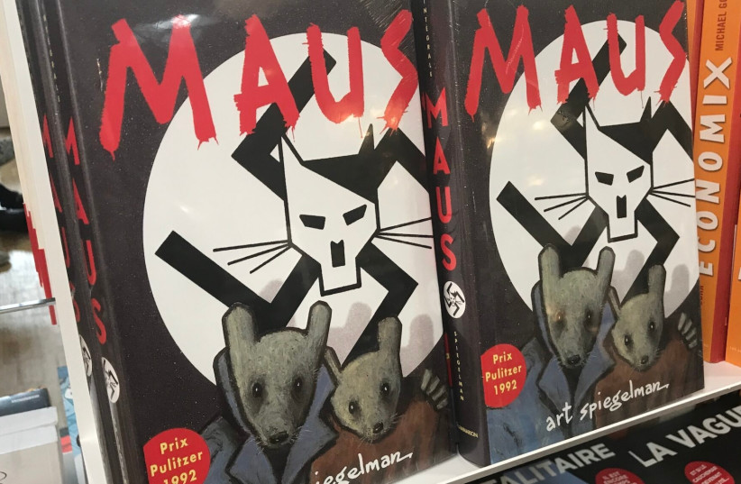  Art Spiegelman's graphic novel 'Maus' on sale at a French bookstore in 2017. (photo credit: ActuaLitté/Flickr Commons/JTA)