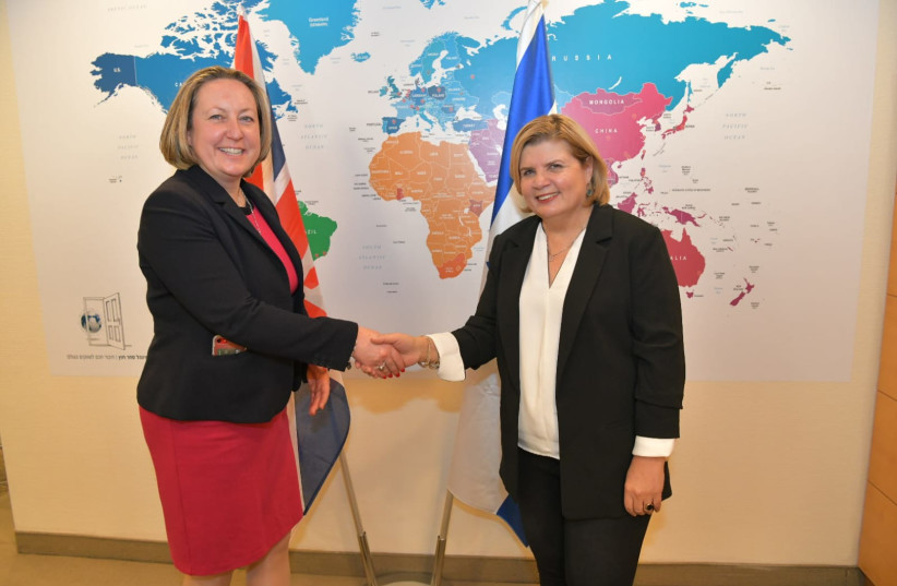  British International Trade Secretary Anne-Marie Trevelyan is seen with Israeli Economy Minister Orna Barbivai in Jerusalem, on February 2, 2022. (photo credit: SHLOMI AMSALEM/GPO)