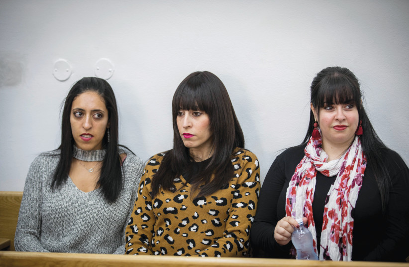 Australian sisters Elly Sapper, Dassi Erlich and Nicole Meyer, allegedly sexually abused by former headteacher Leifer. (Pictured: In Jerusalem District Court, 2019). (credit: YONATAN SINDEL/FLASH90)