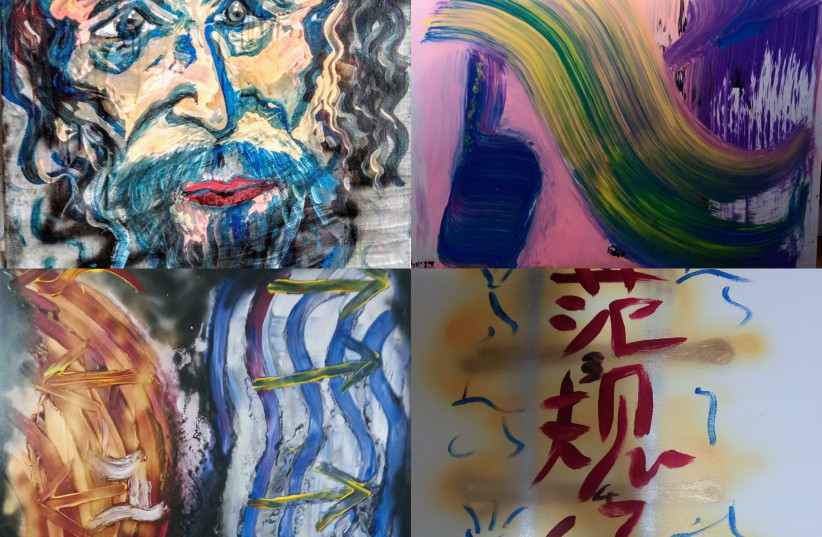  All works mixed media on canvas; 2021.Clockwise from top left:‘PROPHET II,’ 100 by 80 cm., ‘SILENT ALEF,’ 100 by 100 cm., ‘CHINA!’ 60 by 40 cm., ‘REPULSION,’ 120 by 120 cm. (credit: Courtesy Daniel Shorkend)
