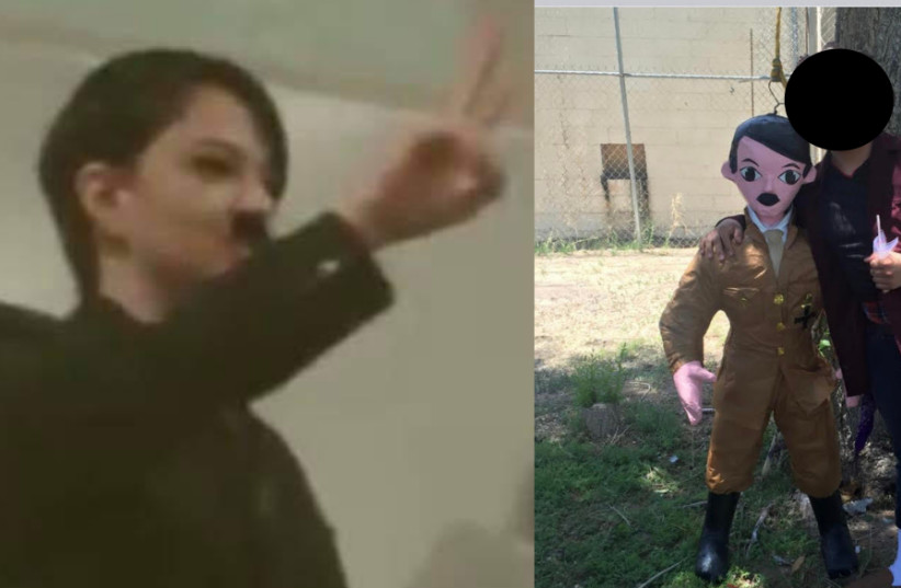  Ana Luisa Nevárez dressed as Adolf Hitler in class (left) and a Hitler Pinata that was brought to school (right). (photo credit: Screenshot/Facebook )