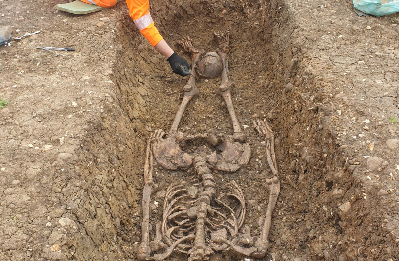 Roman skeleton with head placed between legs uncovered during archaeological excavations at Fleet Marston, near Aylesbury, Buckinghamshire. (photo credit: Courtesy)