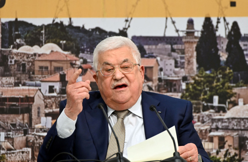  Palestinian President Mahmoud Abbas makes a speech during the Palestinian Central Council (PLO) meeting in Ramallah, in the Israeli-occupied West Bank, February 6, 2022.  (photo credit: PALESTINIAN PRESIDENT OFFICE (PPO)/HANDOUT VIA REUTERS)