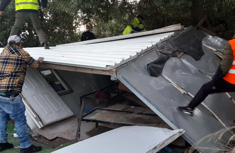  Israeli security forces are seen demolishing illegal structures at the Homesh outpost in the West Bank, on February 9, 2022. (photo credit: HOMESH YESHIVA)