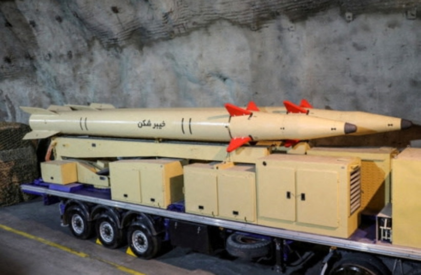  New Iranian "Kheibarshekan" missiles are seen in an undisclosed location in Iran, in this picture obtained on February 9, 2022.  (photo credit: IRGC/WANA (West Asia News Agency)/Handout via REUTERS)