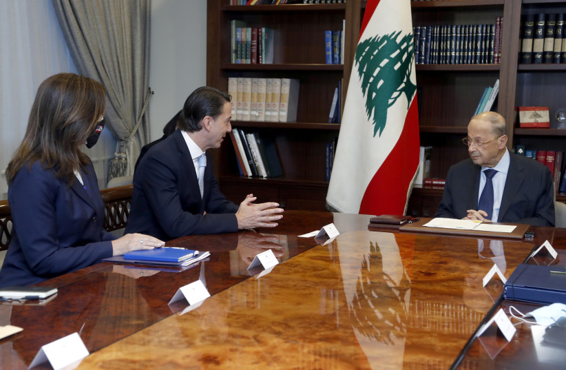  Lebanon's President Michel Aoun meets with US Special Envoy for Energy Affairs Amos Hochstein at the presidential palace in Baabda, Lebanon October 20, 2021.  (credit: DALATI NOHRA/HANDOUT VIA REUTERS)