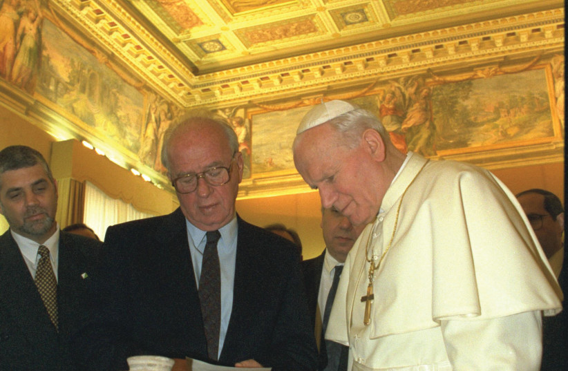  FORMER PRIME minister Yitzhak Rabin meets in the Vatican with Pope John Paul II in 1994. (photo credit: GPO)