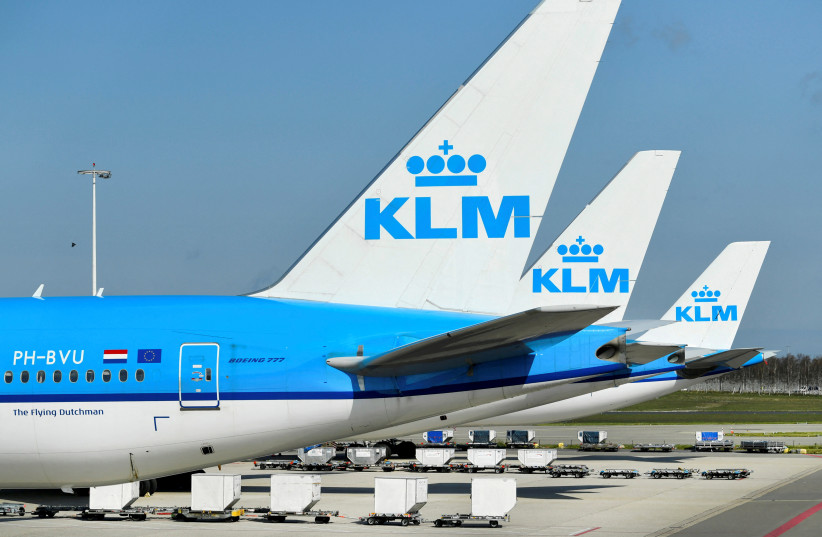  KLM airplanes are seen parked at Schiphol Airport in Amsterdam, Netherlands April 2, 2020. (credit: PIROSCHKA VAN DE WOUW/REUTERS)