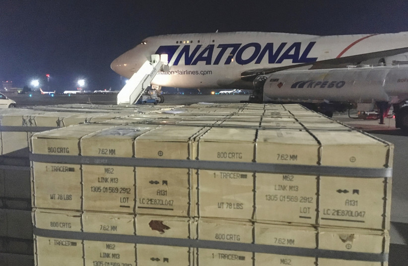  MILITARY AID, delivered as part of the United States' security assistance to Ukraine, is unloaded from a plane at the Boryspil International Airport outside Kyiv yesterday. (credit: SERHIY TAKHMAZOV/REUTERS)