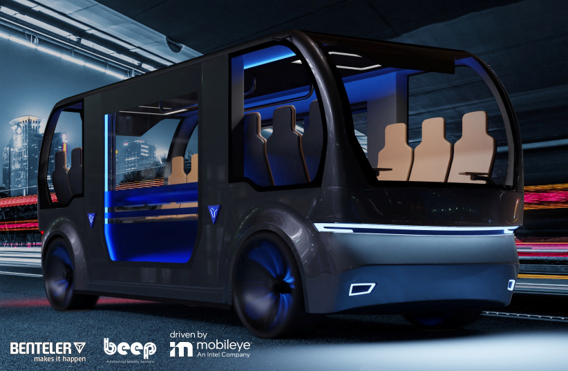  A view shows a self-driving electric shuttle that Mobileye, Benteler EV Systems and Beep, plan to launch in the U.S. in 2024, in this undated artist's rendering handout picture. (photo credit:  Benteler/Handout via REUTERS )
