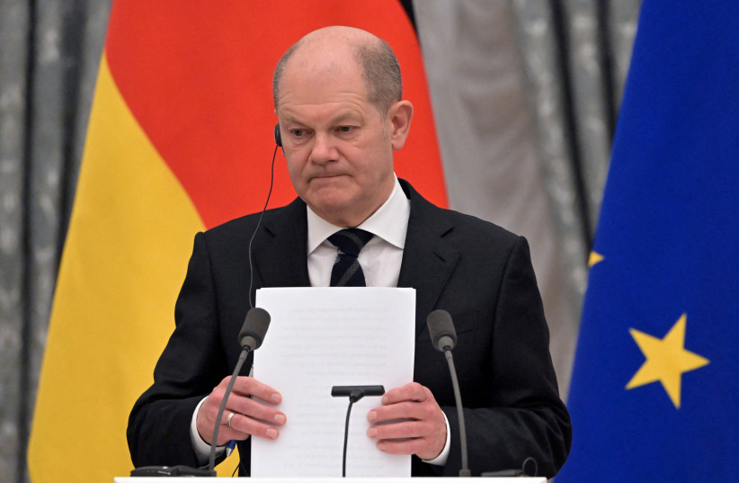  German Chancellor Olaf Scholz attends a joint news conference with Russian President Vladimir Putin in Moscow, Russia February 15, 2022. (credit: SPUTNIK/SERGEY GUNEEV/KREMLIN VIA REUTERS)