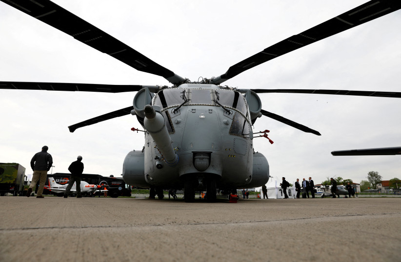  A Sikorsky CH-53K King Stallion helicopter is seen at the ILA Air Show in Berlin, Germany, April 25, 2018. (photo credit: REUTERS/AXEL SCHMIDT)