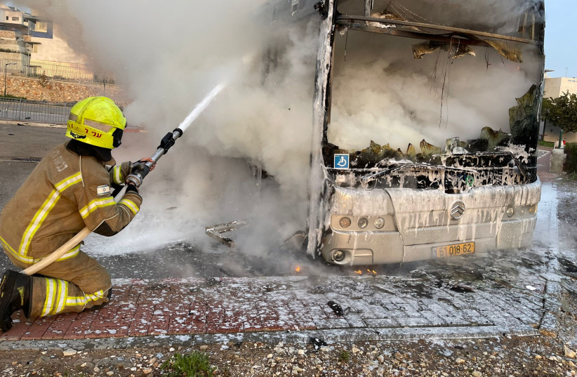  Bus catches fire in Yokne’am Ilit in Israel's north, February 17, 2022.  (credit: FIRE AND RESCUE SERVICE)
