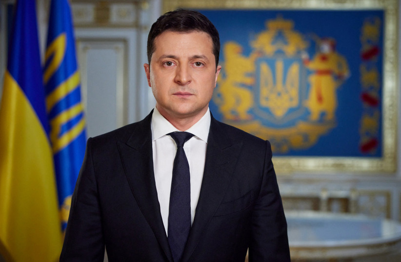  Ukrainian President Volodymyr Zelensky is seen during a televised address to the nation, in Kyiv, Ukraine February 14, 2022. (credit: Ukrainian Presidential Press Service/Handout via REUTERS)
