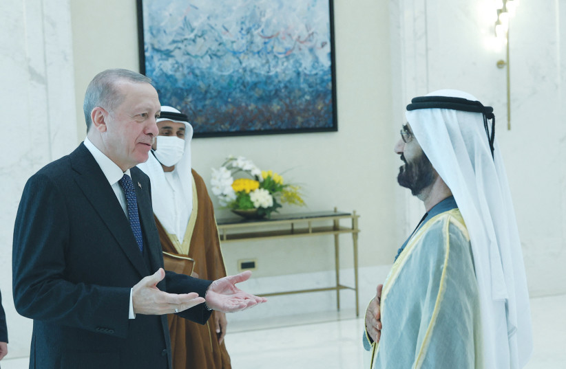  TURKISH PRESIDENT Recep Tayyip Erdogan meets with prime minister and vice president of the United Arab Emirates and ruler of Dubai Sheikh Mohammed bin Rashid Al Maktoum in Dubai on Tuesday.  (photo credit: PRESIDENTIAL PRESS SERVICE / REUTERS)