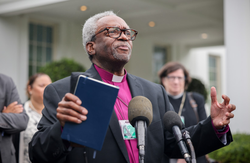  Bishop Michael Curry, Presiding Bishop and Primate of the Episcopal Church, speaks to the media following a meeting between the Circle of Protection, a coalition of Christian denominations, at the White House (photo credit: EVELYN HOCKSTEIN/REUTERS)