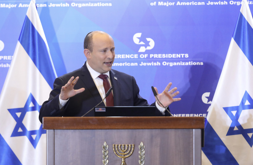  Prime Minister Naftali Bennett at the Conference of Presidents of Major American Jewish Organizations mission to Israel, February 20, 2022.  (photo credit: MARC ISRAEL SELLEM/THE JERUSALEM POST)