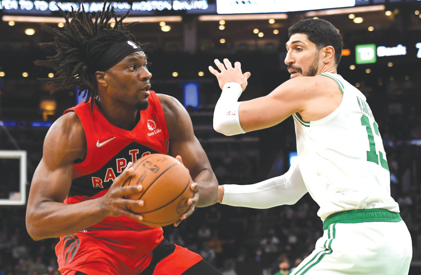  ENES KANTER Freedom (right) plays in an NBA game in Boston for the Celtics in October. (photo credit: Bob DeChiara/USA TODAY Sports/Reuters)