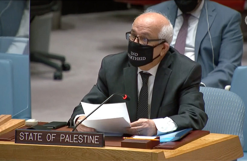 Palestinian Authority Ambassador to the United Nations Riyad Mansour wearing an ''end apartheid'' face mask to the UN Security Council (credit: UN WEB TV/SCREENSHOT)