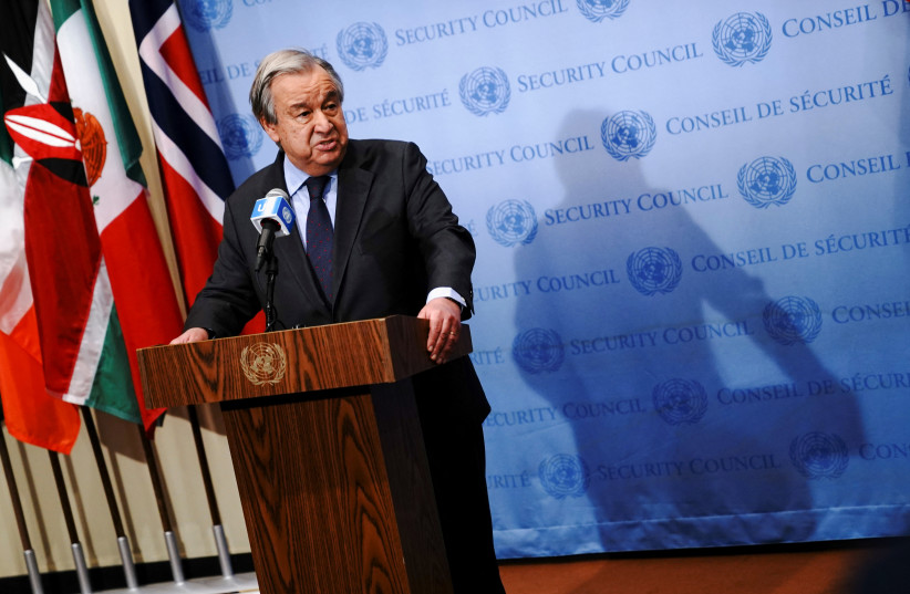  UN Secretary-General Antonio Guterres speaks during an interaction with the media after a United Nations Security Council meeting to discuss the ongoing crisis in Ukraine with Russia, in New York City, US, February 23, 2022.  (photo credit: CARLO ALLEGRI/REUTERS)
