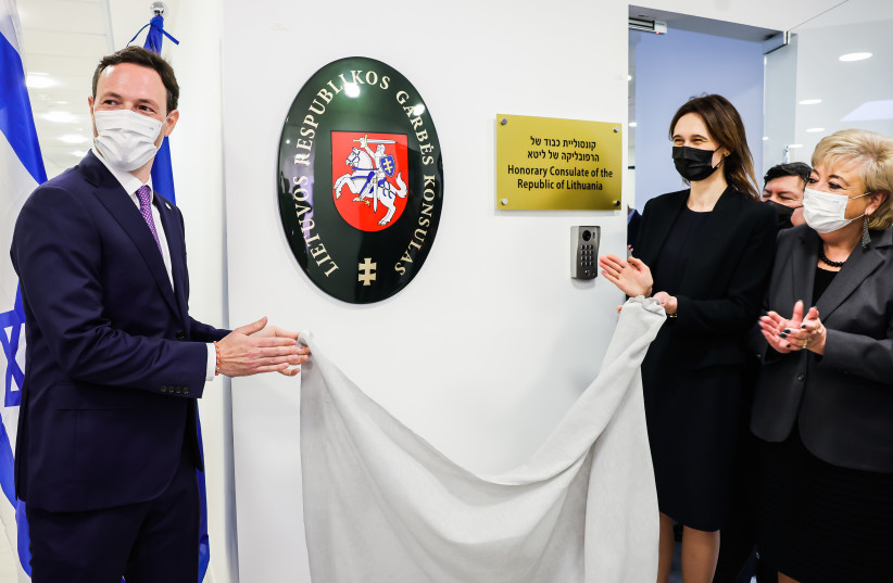  Čmilytė-Nielsen opens an honorary consulate of Lithuania in Netanya with honorary consul Shai Schnitzer and Mayor Miriam Fireberg. (credit: SEIMAS FLICKR)