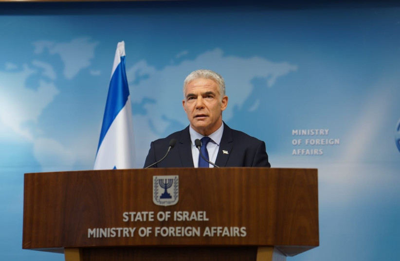 Foreign Minister Yair Lapid makes a public statement on the Russia-Ukraine crisis at the Foreign Ministry in Jerusalem,February 24, 2022. (photo credit: NIV MOSMAN, GPO)