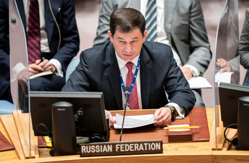  First Deputy Permanent Representative of Russia to the United Nation Dmitry Polyanskiy speaks during a meeting of the United Nations Security Council at the 76th Session of the U.N. General Assembly in New York, US September 23, 2021.  (photo credit: JOHN MINCHILLO/REUTERS)